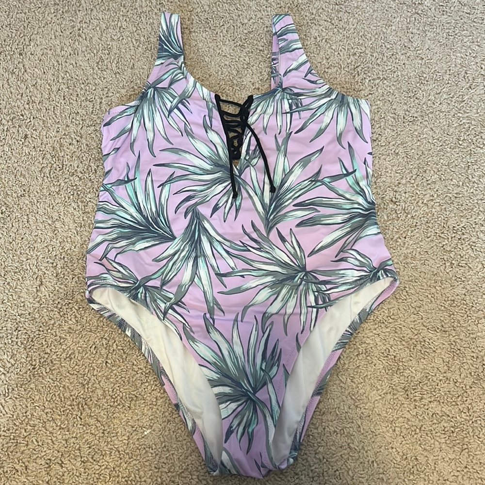PINK Lace-Up Floral Print One Piece Swimsuit